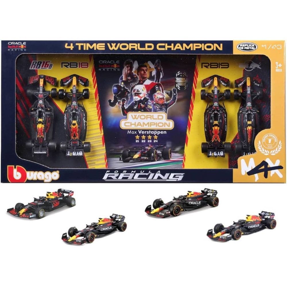Set 4 Miniaturas Bburago Oracle Red Bull Racing F1 Max Verstappen 1 1/43 Tetra Campeão