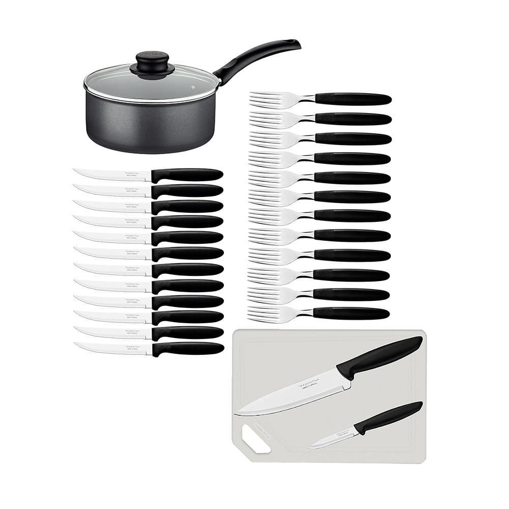 Panela Turim Alumínio grafite Antiaderente 1,4l + Cojunto Ipanema 24pc + Tábua e Facas - Tramontina