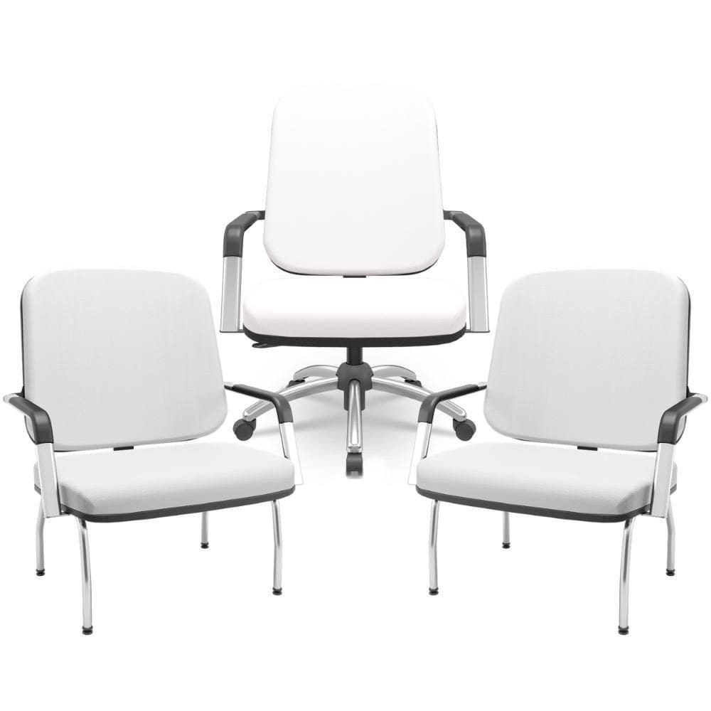 Kit Cadeira De Escritório Giratória E 2 Cadeiras Fixas Cromada Magno P03 Vinil Branco - Lyam Decor
