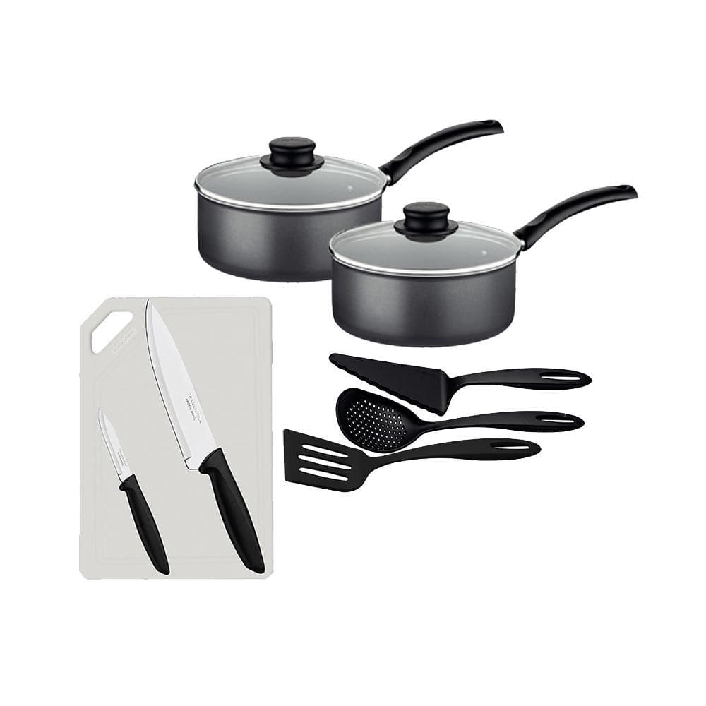 2 Panelas Turim Alumínio Antiaderente 1,4l + Conjunto de Utensílios + Tábua e Facas Tramontina