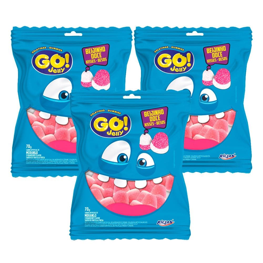 Kit 3 Bala Gelatina Go Jelly Beijinho Doce Sabor Morango 70g