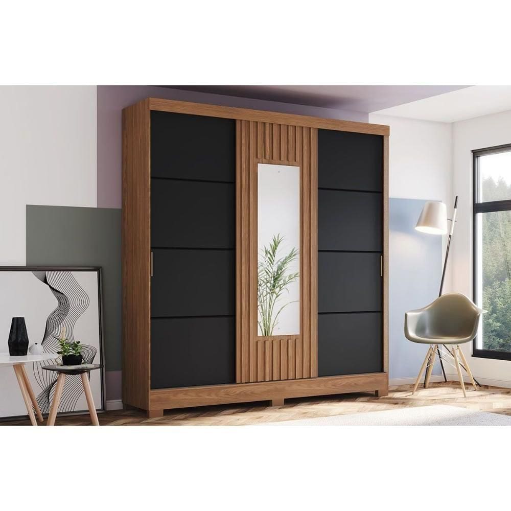 Guarda Roupa Solteiro 3 Portas De Correr (1 C/ Espelho) E 2 Gavetas C/ Pés Briz B376 Nature/preto - Henn