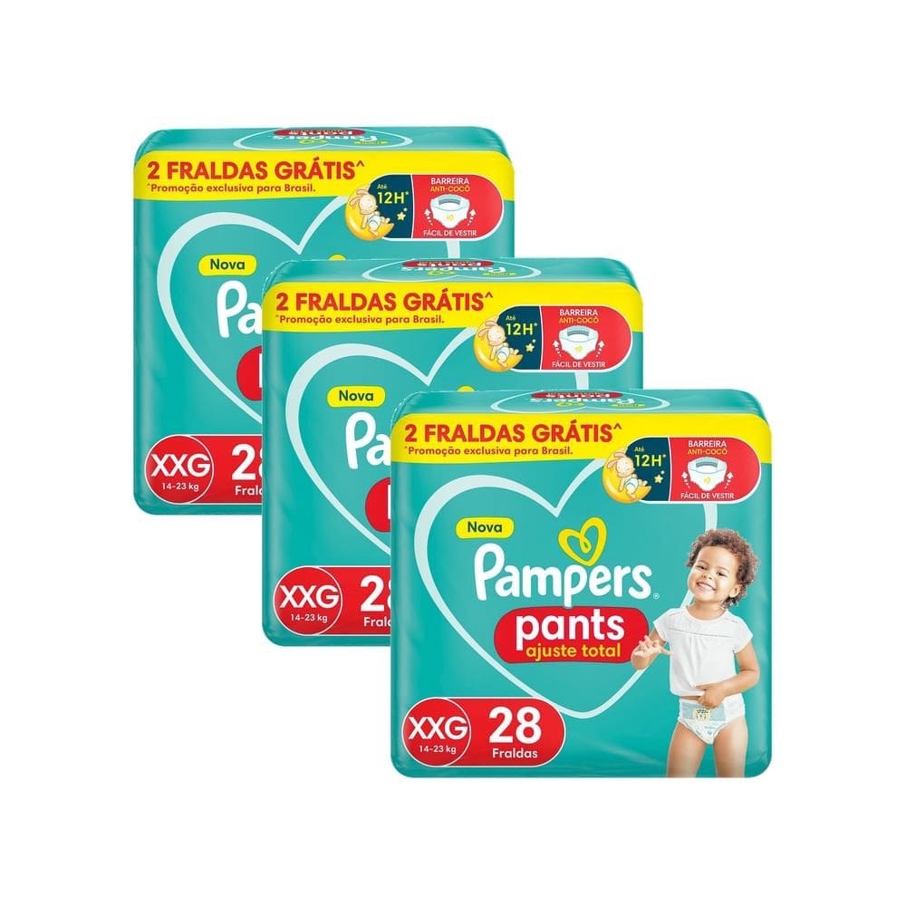 Kit 3 Fralda Pampers Pants Ajuste Total Tamanho XXG com 28 Unidades Descartáveis