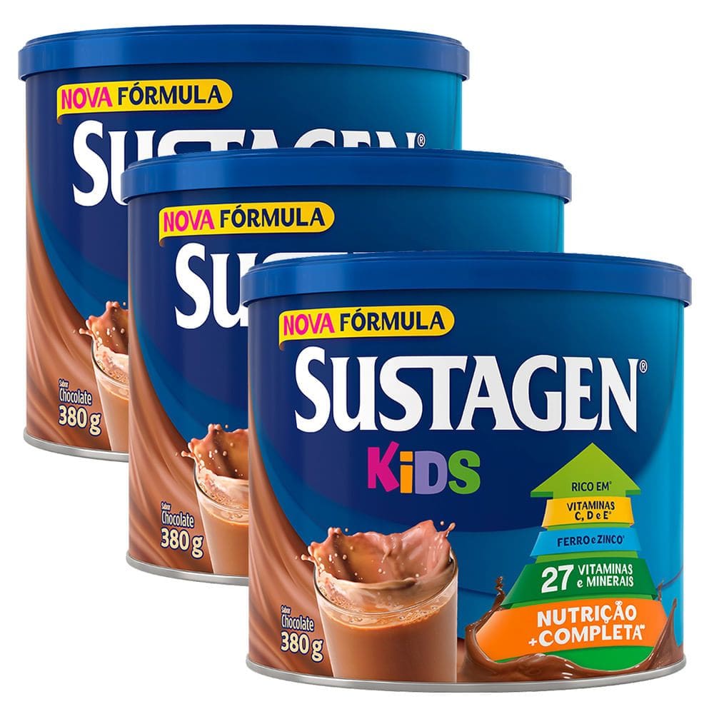 Complemento Alimentar Sustagen Kids Chocolate Lata 380g | Kit com três unidades