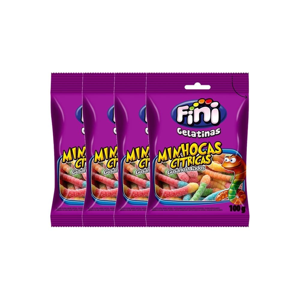 Kit 4 Balas de Gelatina Fini Minhocas Cítricas diversas 100g