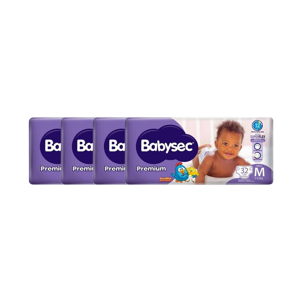 Kit 4 Fralda Babysec Premium Tamanho M Pacote Mega com 32 Unidades Descartáveis