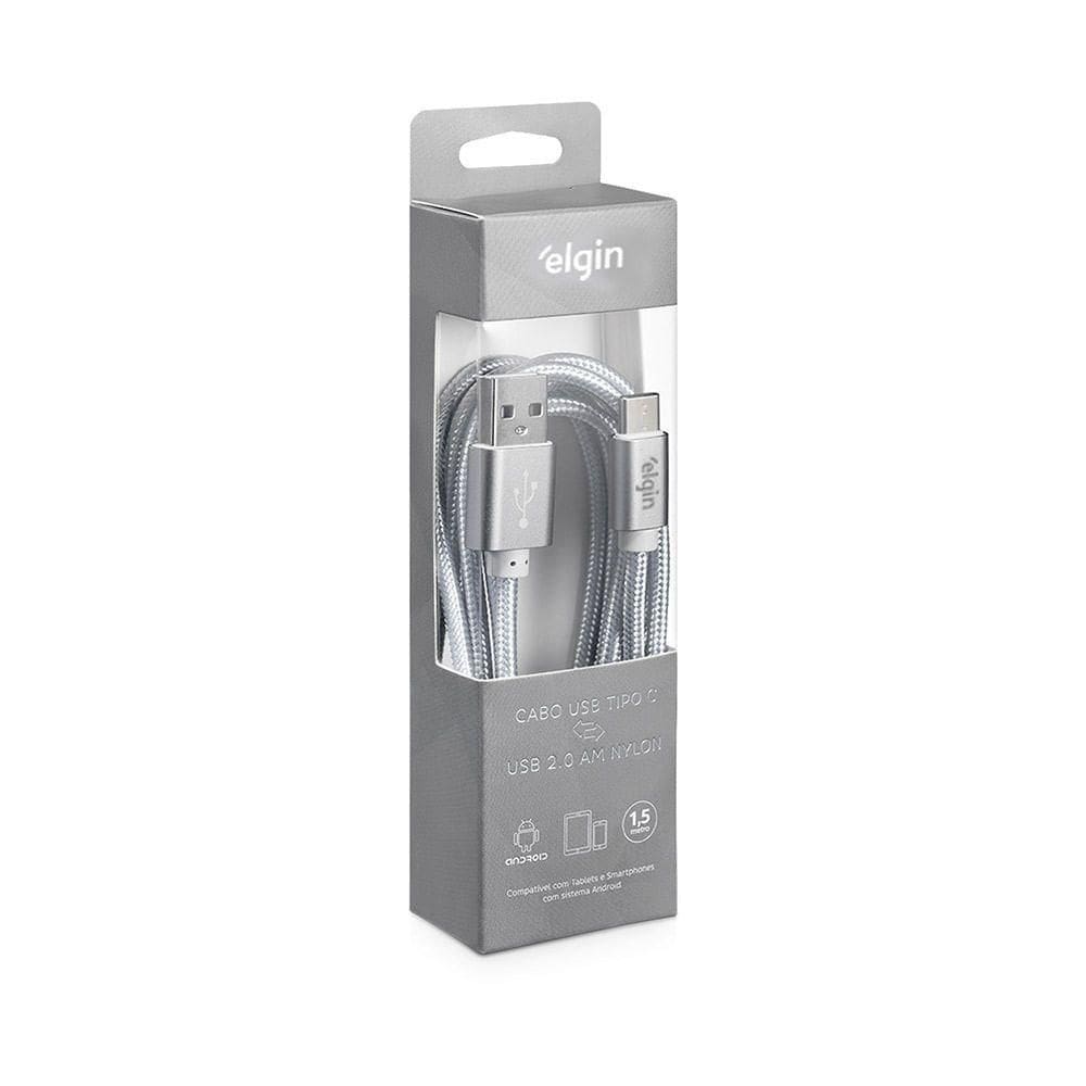 Cabo Usb-C Nylon Cinza 1,5m 480mbps Compatível Com Dispositivos Android