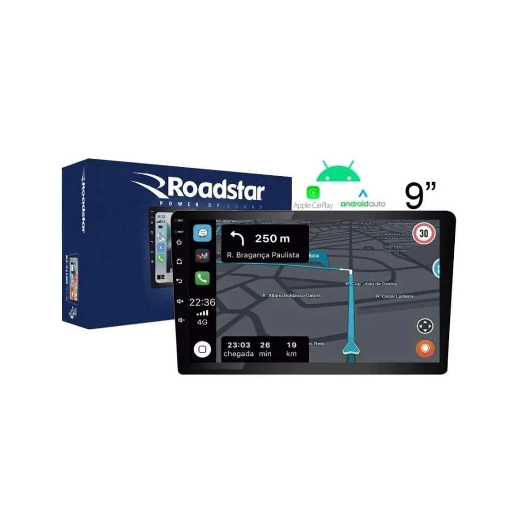Multimídia Roadstar Tela 9, Android 2GB, Ram 32gb, Usb C, Bluetooth, Rádio Fm, Wifi, Gps, Câmera de Ré e Comando de Volante