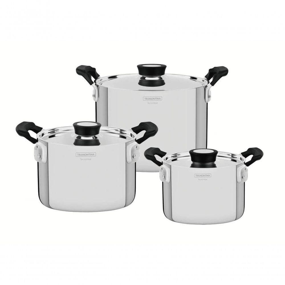 Jogo De Panelas Tramontina Grano Compact Aço Inox Corpo Triplo E Silicone Preto 3 Peças