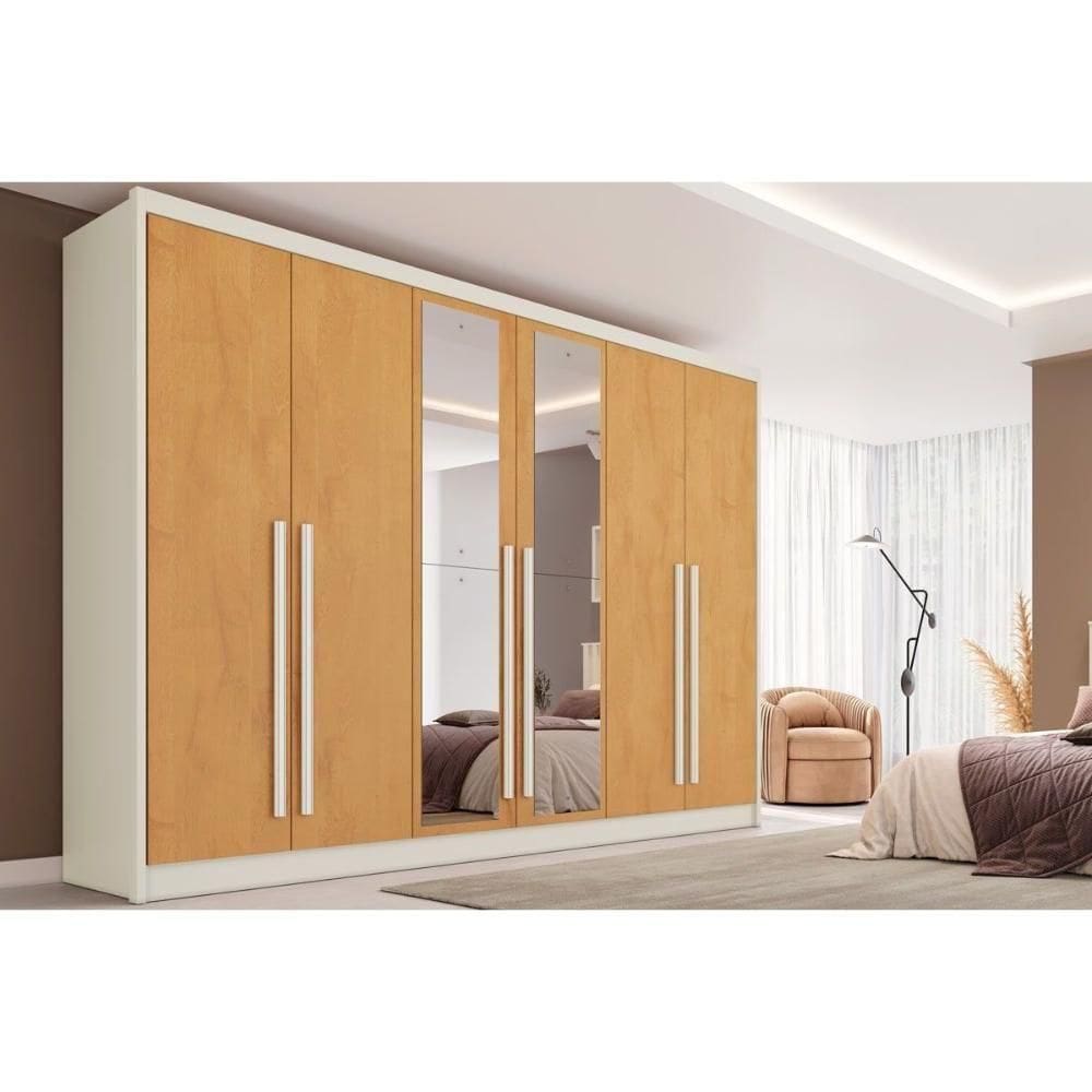 Guarda Roupa 6 Portas (2 C/ Espelho) E 6 Gavetas Valencia Off White/peroba - Europa