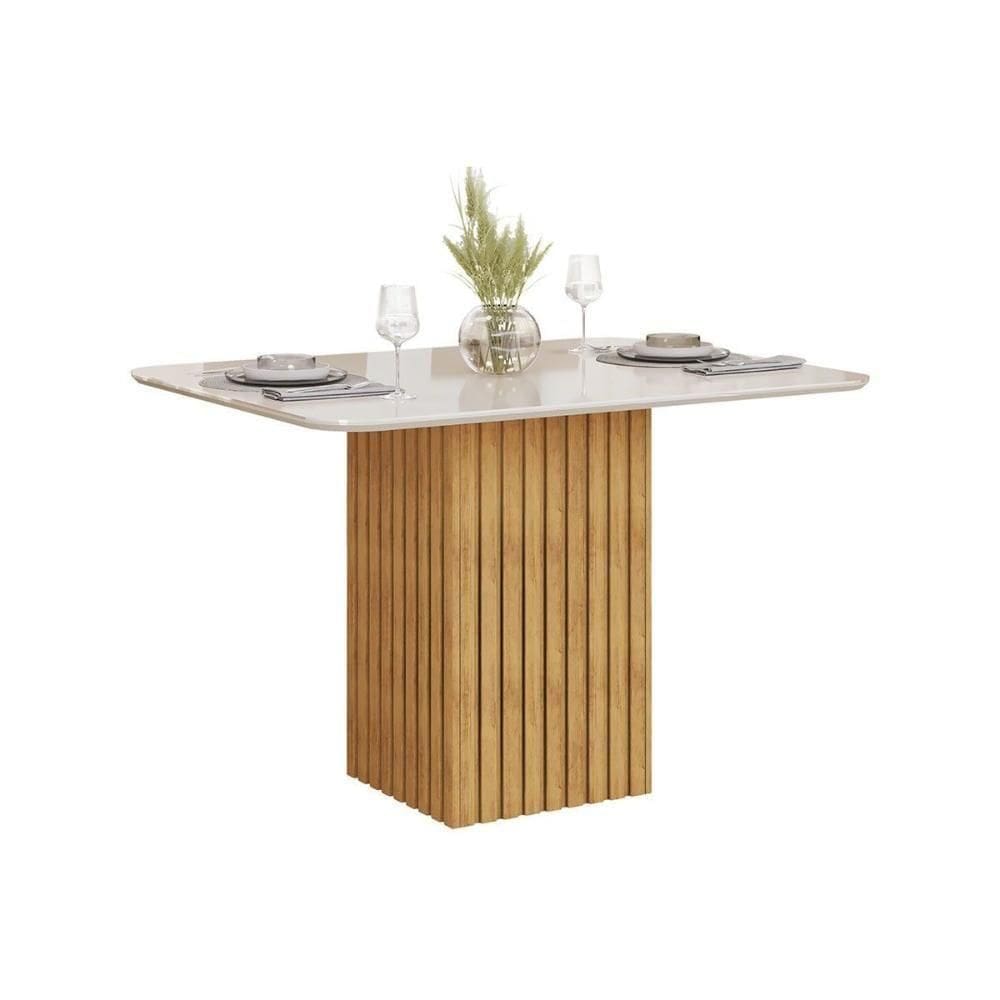 Mesa De Sala Jantar Canes C/ Tampo Madeirado C/ Vidro Curvo 120x90cm Cedro/off White - Dj Móveis