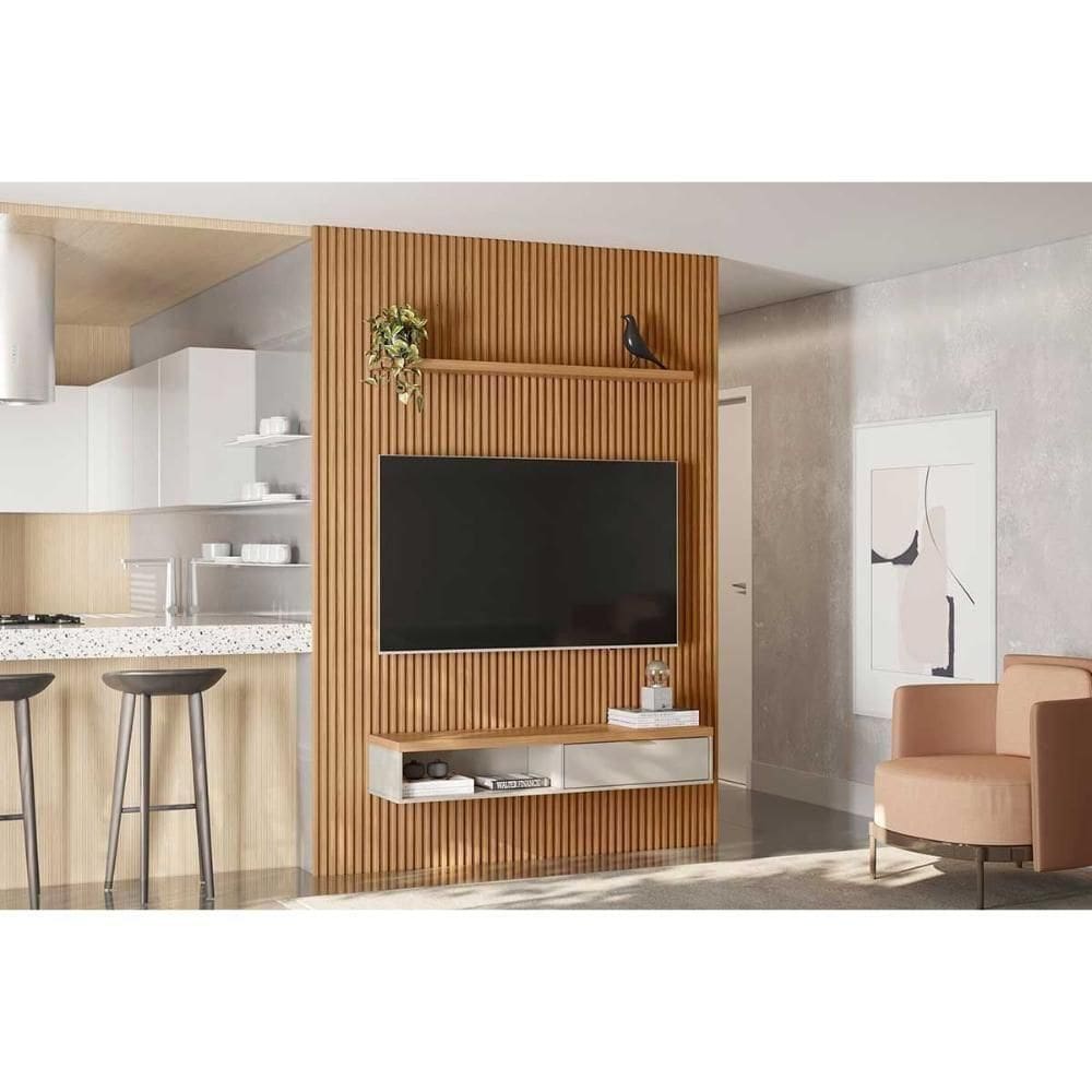 Rack Bancada C/ Painel P/ Tv Até 85 Pol Modular 2.2 Ripado 1 Porta 1 Prat. 219x250cm Nature/off White - Linea Brasil