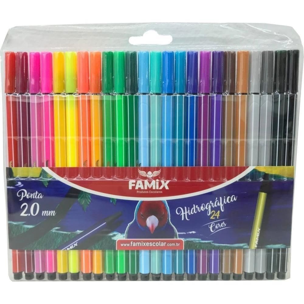 Caneta Hidrografica Hexagonal 24 Cores Famix Estojo