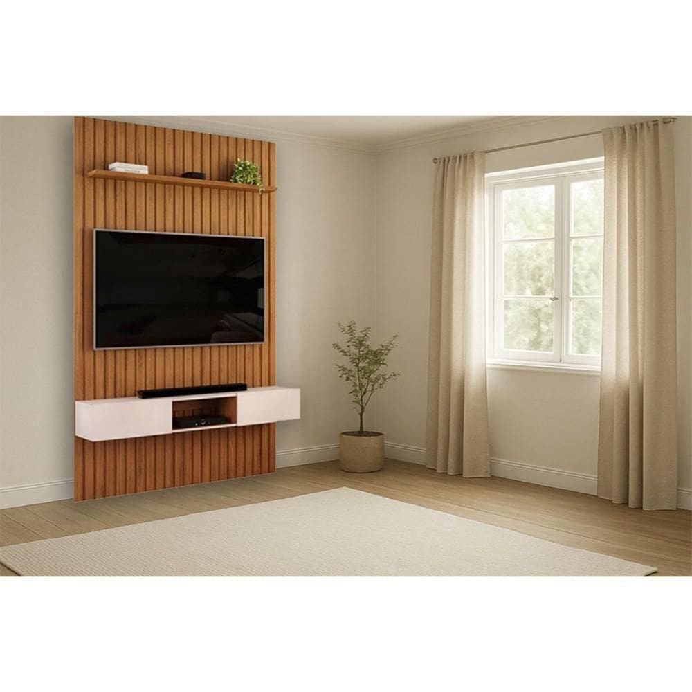 Rack Bancada C/ Painel P/ Tv Trento 143x240cm Freijo/off White - Dj Móveis
