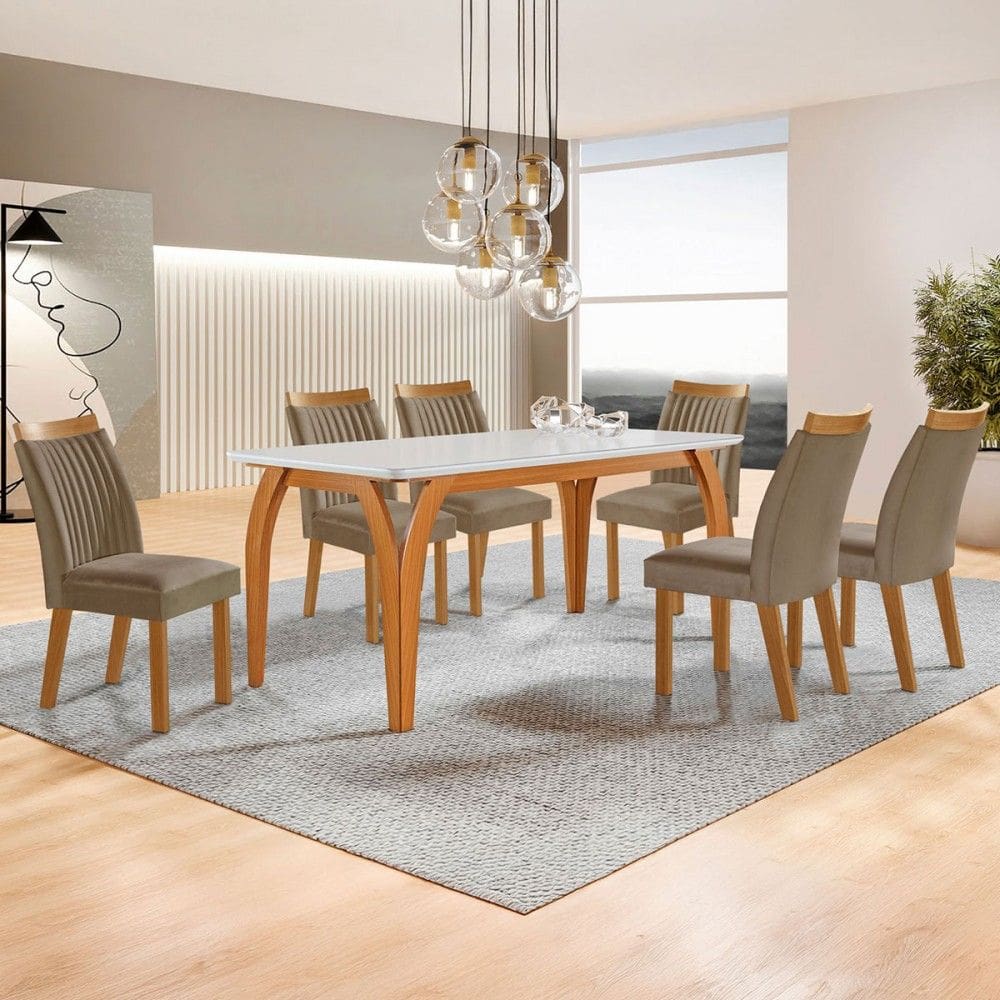 Mesa de Jantar 6 Lugares Agata com Vidro Castanho/Cinamomo/Suede Capuccino - Lj Móveis