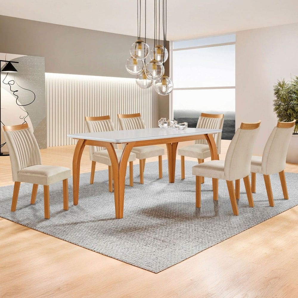 Mesa de Jantar 6 Lugares Agata com Vidro Castanho/Cinamomo/Suede Creme - Lj Móveis