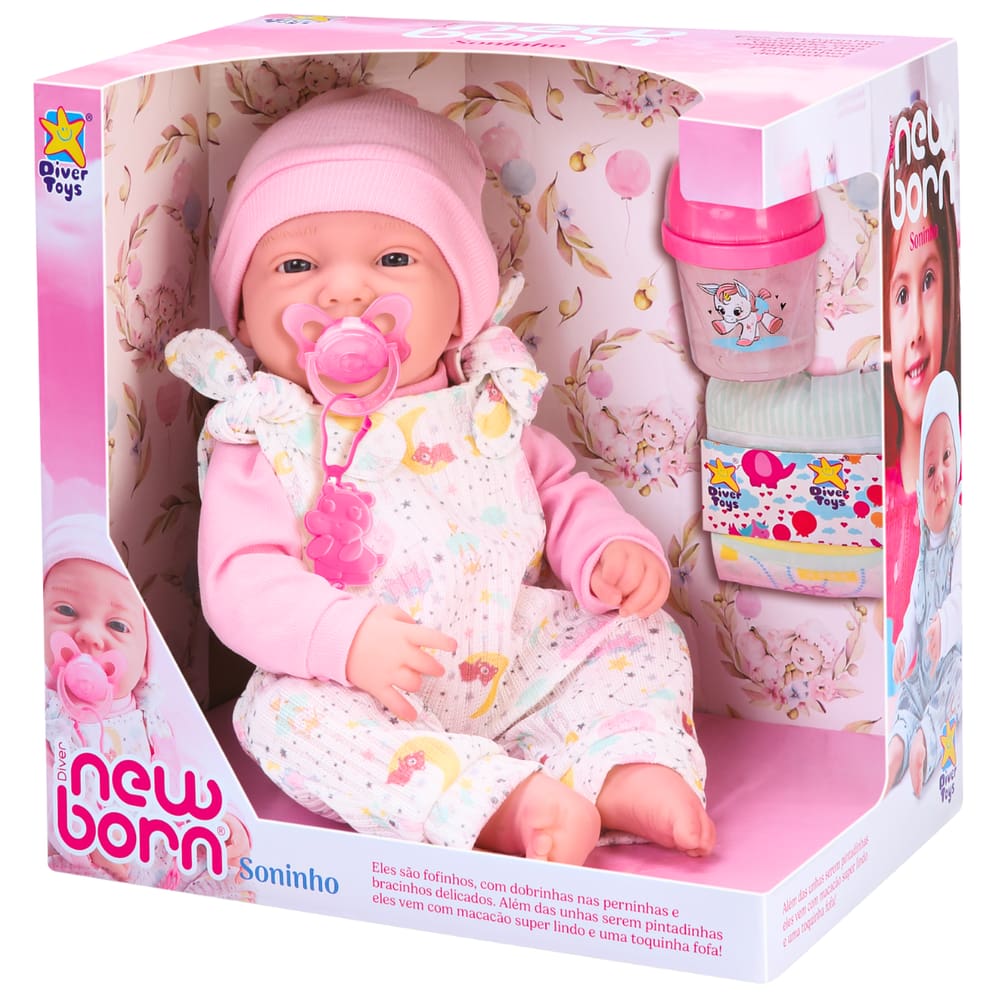 Boneca Diver New Born Soninho Menina C/Acessórios Divertoys
