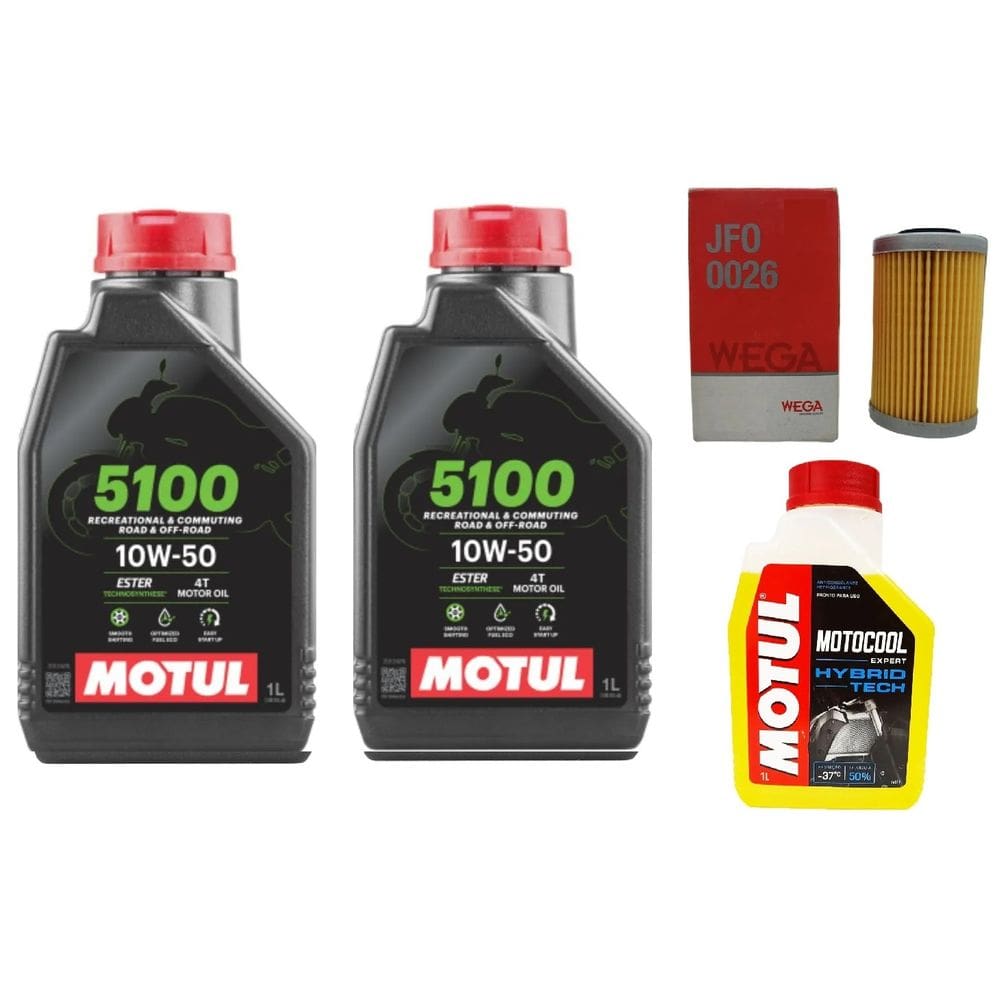 TROCA ÓLEO 2L MOTUL 5100 10W50 4T SEMI-SINTÉTICO + 1 filtro JFO0026 WEGA + 1 ADITIVO MOTUL MOTOCOOL BAJAJ DOMINAR 400