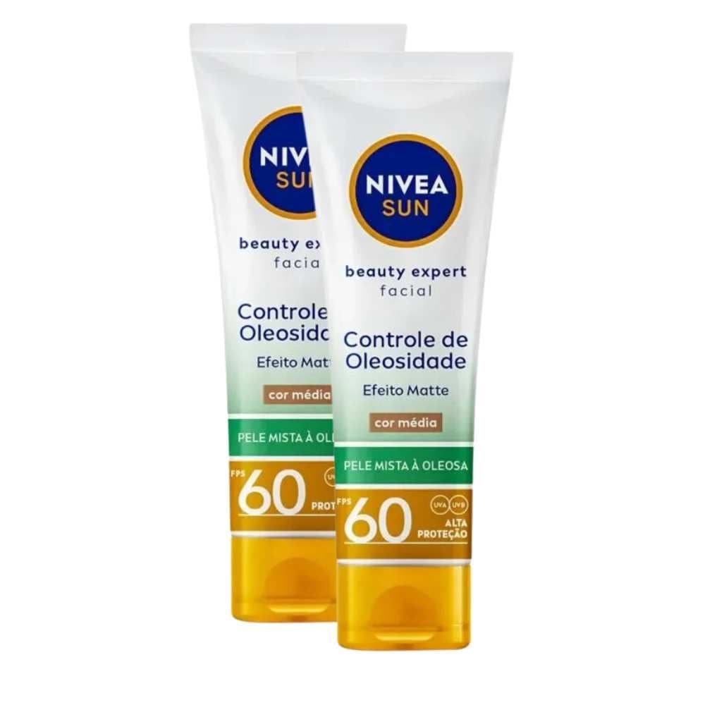 Kit 2 Protetor Solar Facial Nivea Sun Beauty Expert Controle de Oleosidade FPS 60 Cor Média 50g