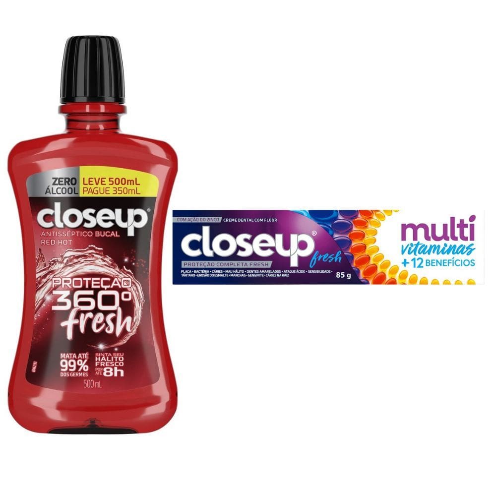 Kit 1 Enxaguante Bucal Closeup Red Hot Proteção 360° Fresh Zero Álcool Leve 500ml Pague 350ml