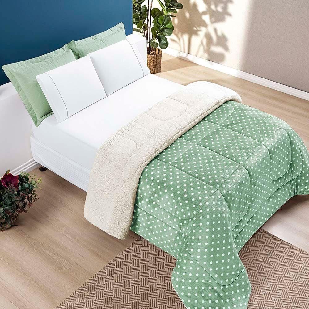 Coberdrom Cobertor Celine Casal King 01 Peça Tecido Sherpa Manta Flannel Quente - Verde Salvia - 100% Poliéster