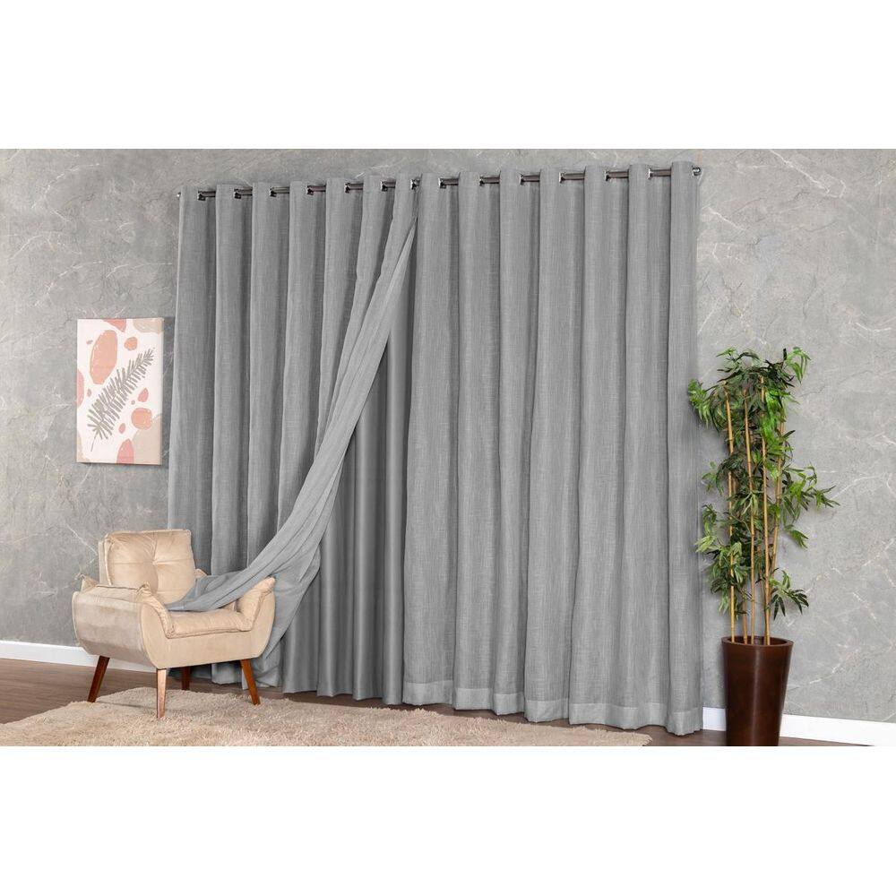 Cortina Voil Gaze De Linho Forro Blackout 3,00X2,50 Cinza