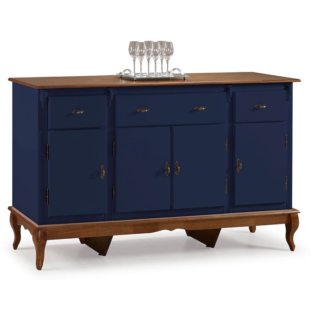 Balcão Buffet 4 Portas e 3 Gavetas com Pés Luiz XV 60635 Linz Móveis - Azul Petróleo/Imbuia Glazer