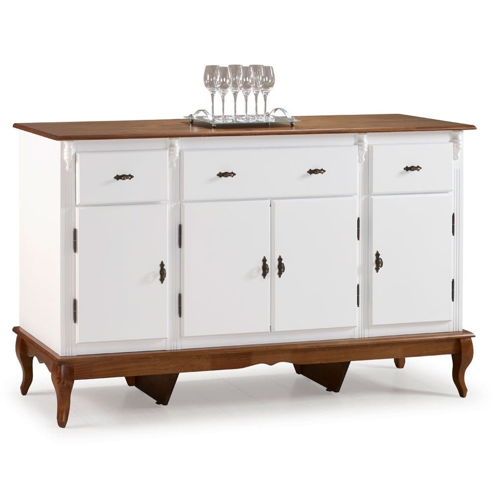 Balcão Buffet 4 Portas e 3 Gavetas com Pés Luiz XV 60635 Linz Móveis - Branco/Imbuia Glazer