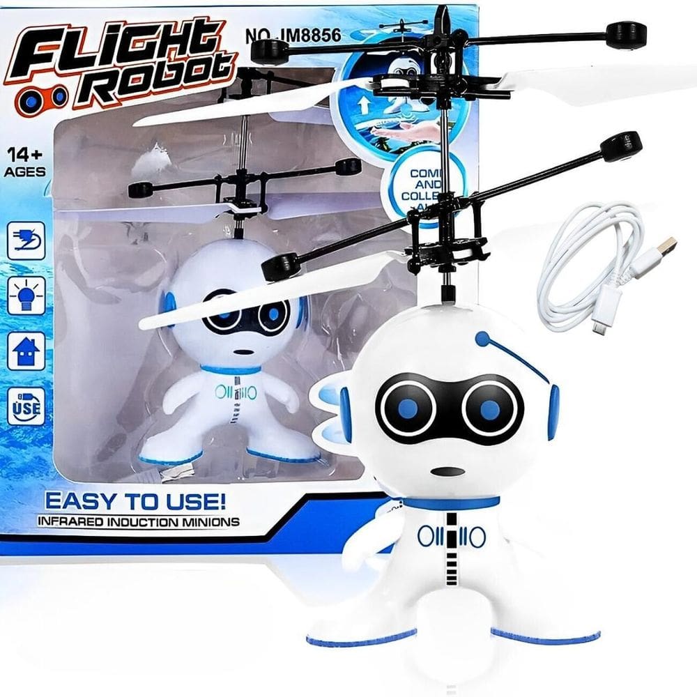 Robozinho Branco Brinquedo Voador Sensor De Mão Luz Castela