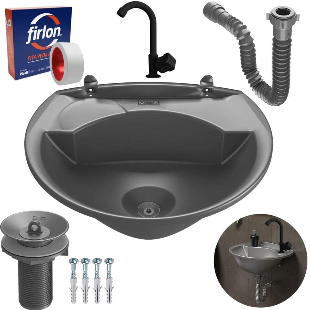 Pia 4L Cinza + Sifão Sanfonado + Torneira Preta + Veda Rosca