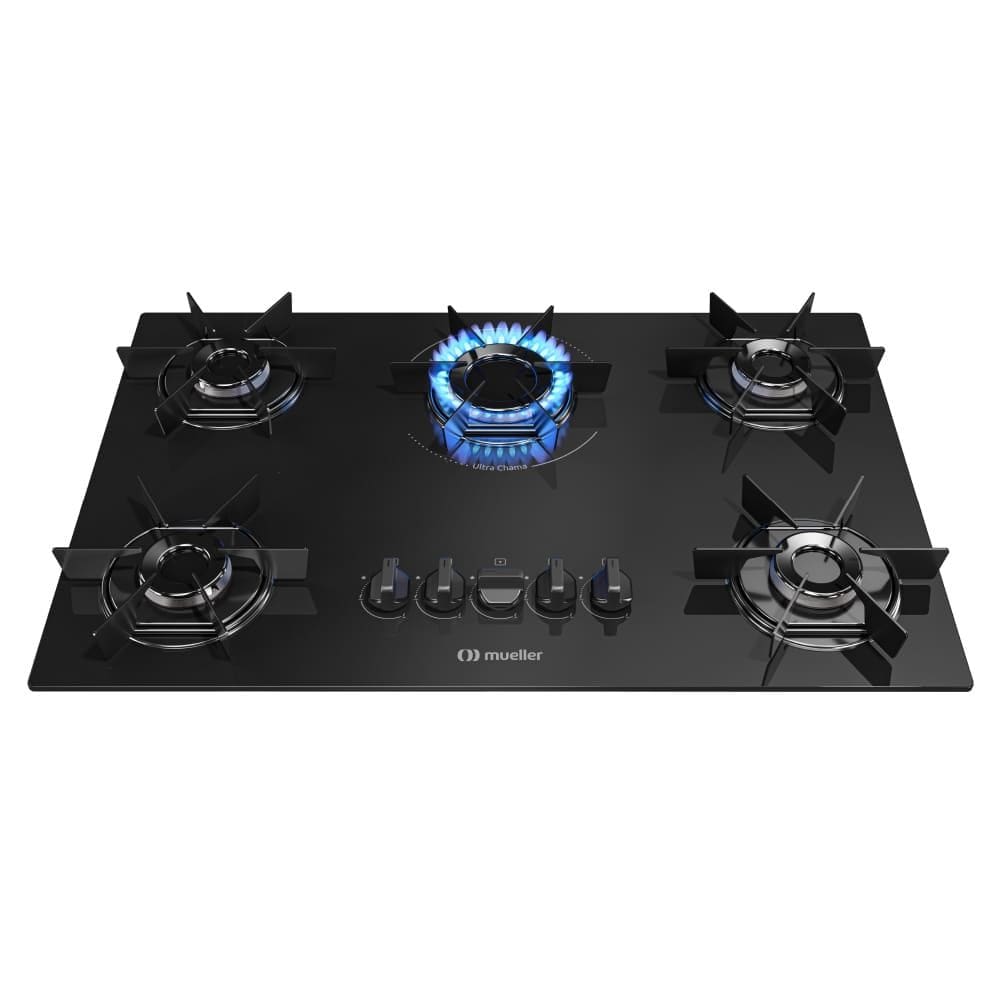 Cooktop a Gás Mueller MCG5BB 5B Mesa de Vidro Ultra Chama Bivolt-PTO