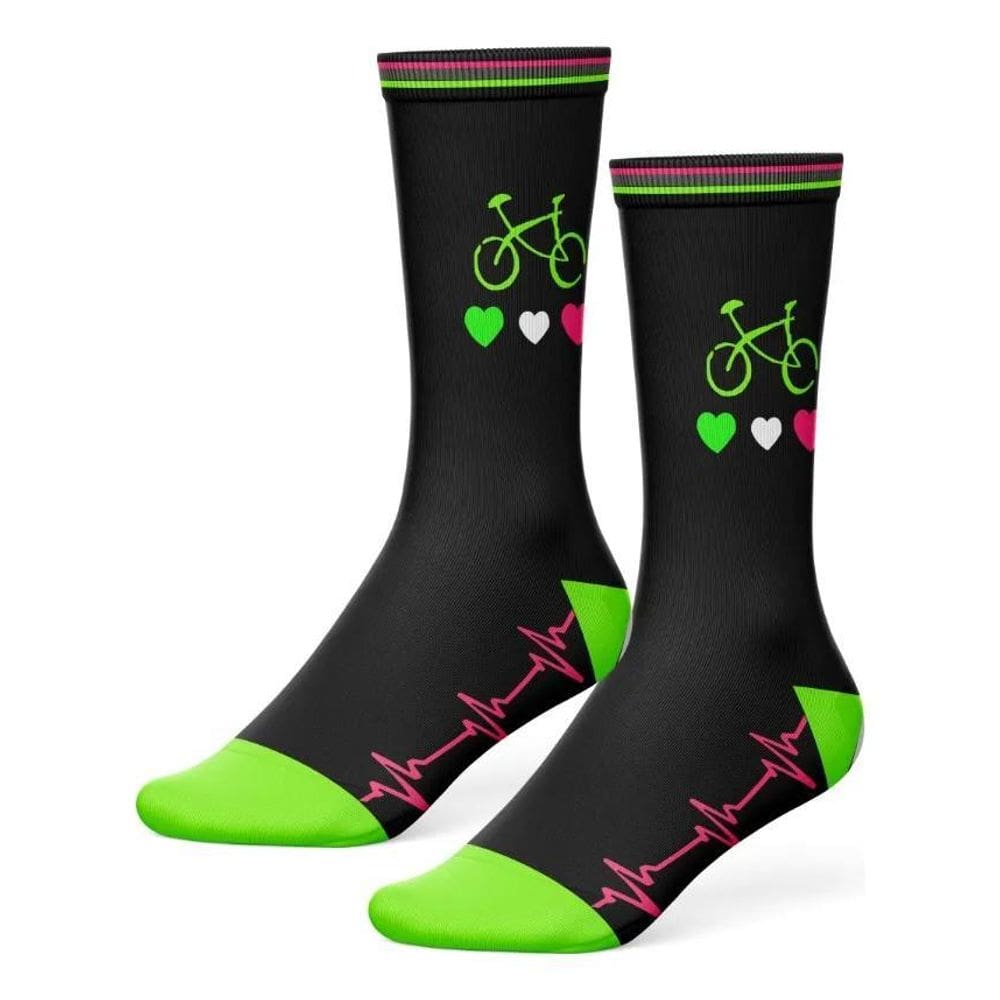 2X Meia Ciclismo Mtb Cano Longo Bike Coração Amarelo Flúor