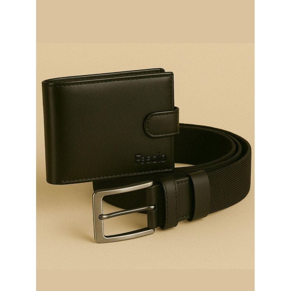 Kit Masculino Fasolo Carteira Botão E Cinto Couro Preto 115