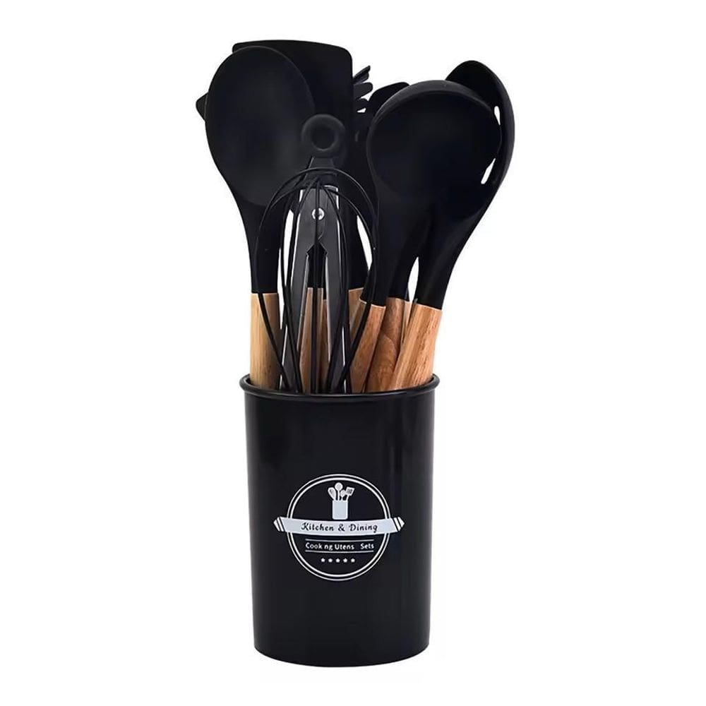 Kit De Utensílios Cozinha Silicone E Bambu 12 Peças - Preto