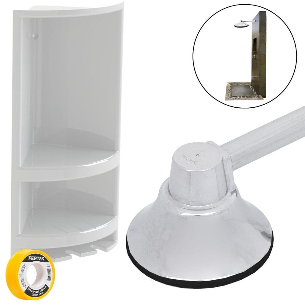 Chuveiro Ducha Fria 9Cm Cromado + Porta Shampoo Branco