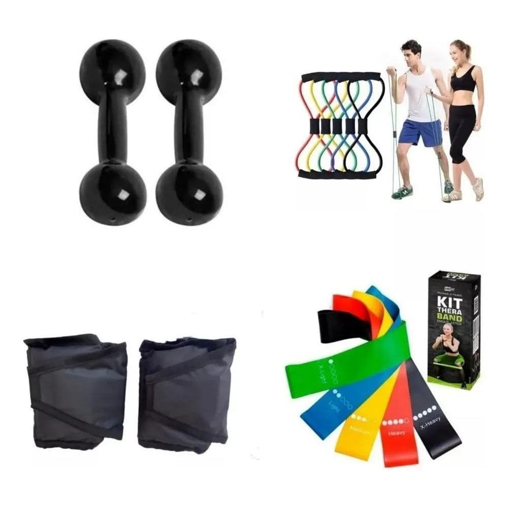 2X Kit Fisio Halter 2 Kg + Caneleira 2 Kg+ Theraband + Elást