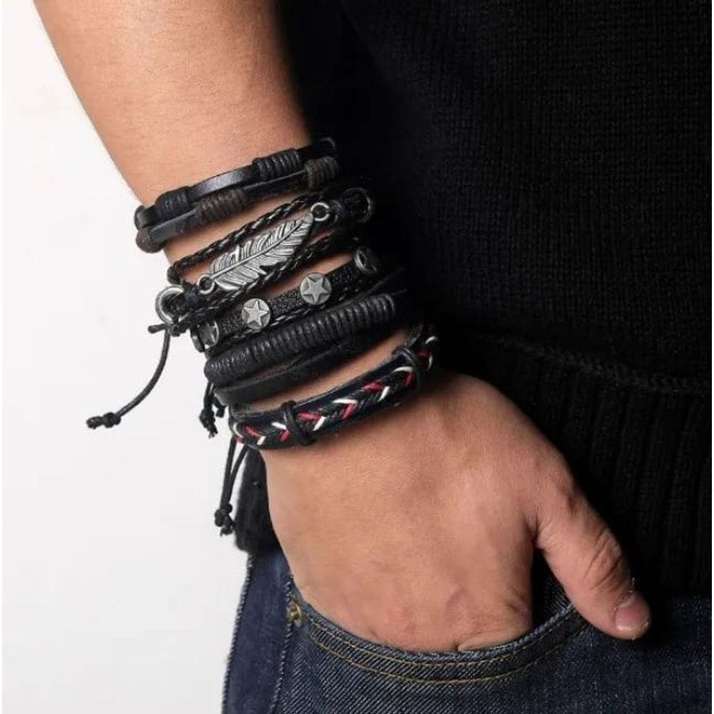 Pulseiras Masculinas Couro Kit Pulseira Preta Para Homem