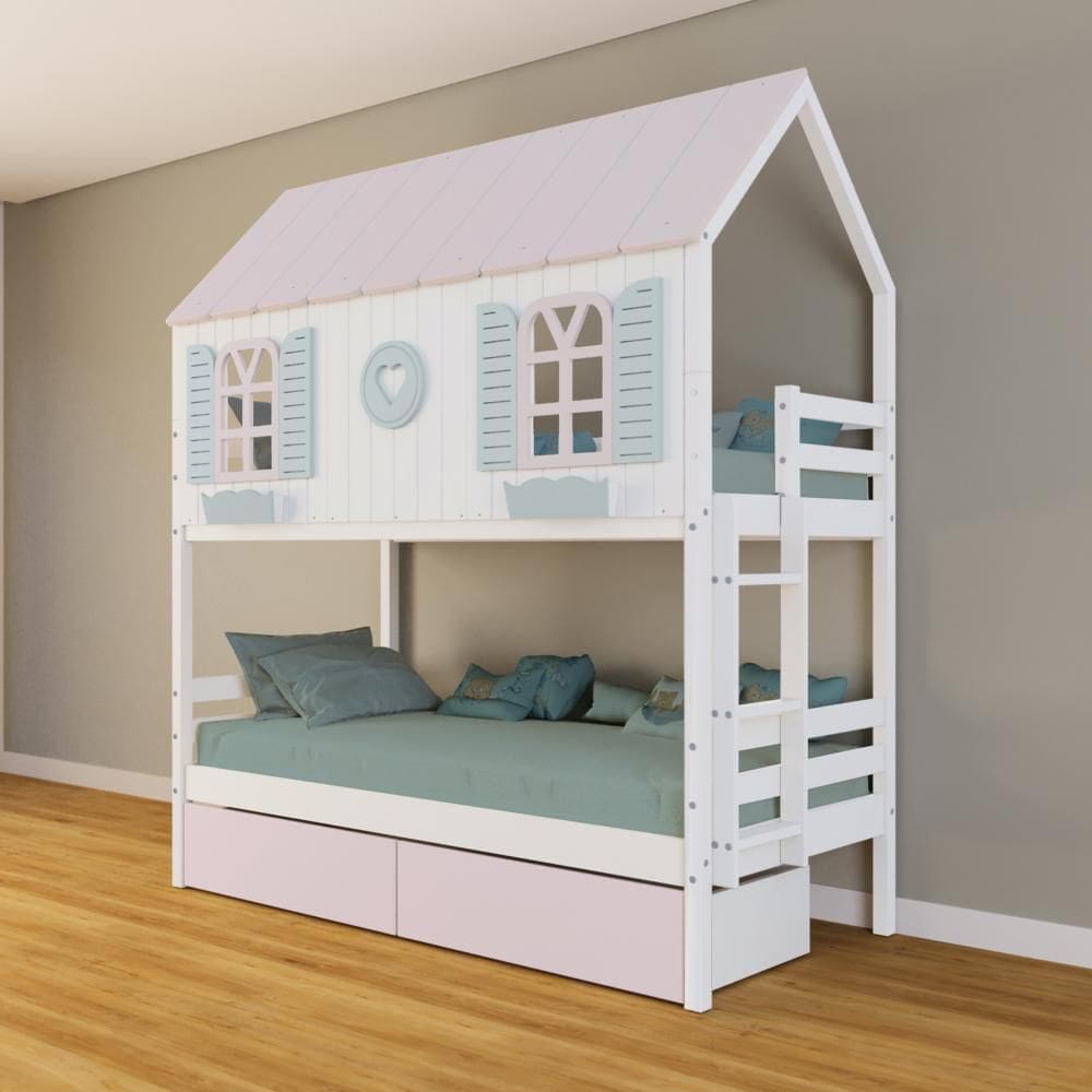 Beliche Casinha Bela com Coração 2 Gavetas Rosa - Madeira Maciça Branco/Rosa/Verde | Housin