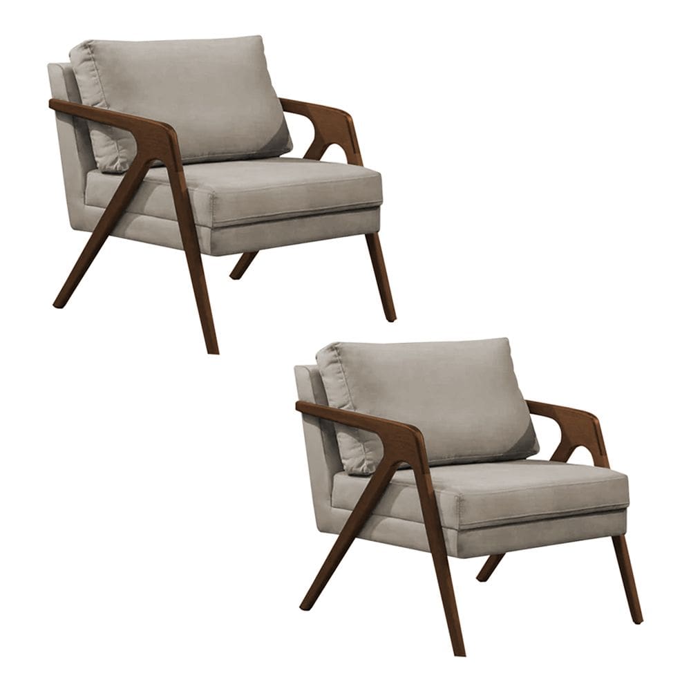 Kit 2 Poltronas Mona Monique Luxo Base Madeira Maciça Natural Veludo Bege