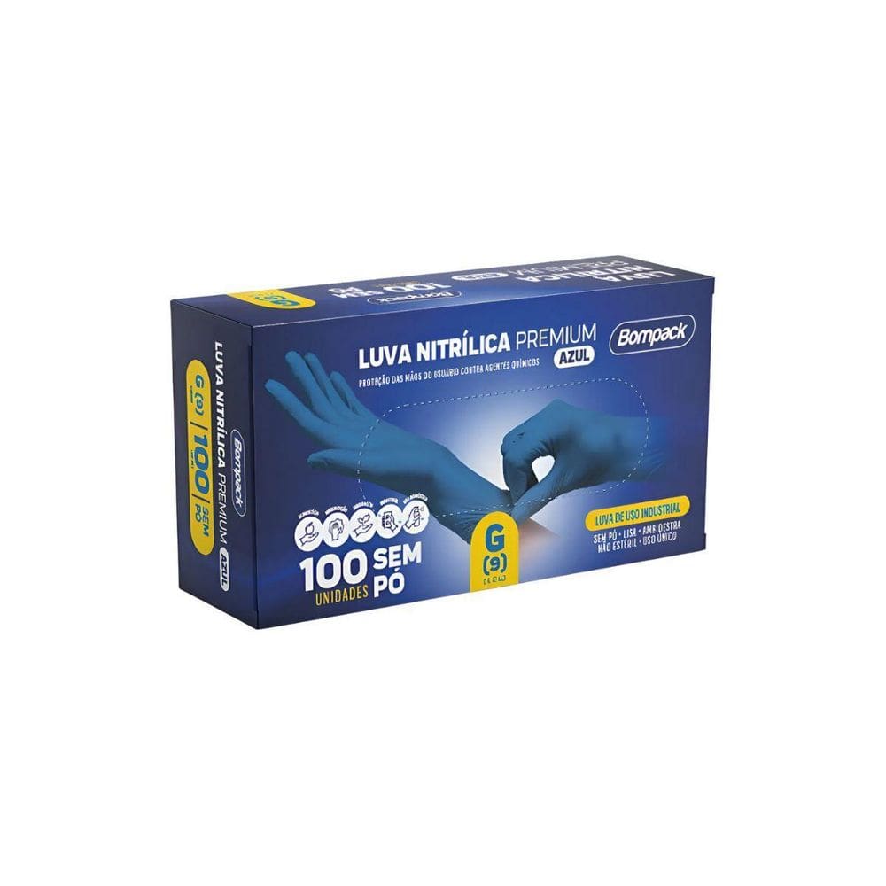 Luva Nitrílica Comfort Azul Sem Pó Bompack Tam G C/100 Un