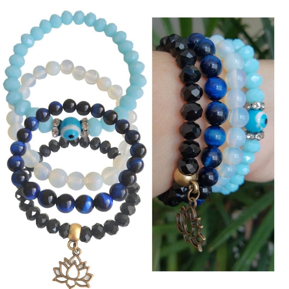 Kit 4 Pulseiras Em Pedra Olho De Tigre Azul E Pedra Da Lua