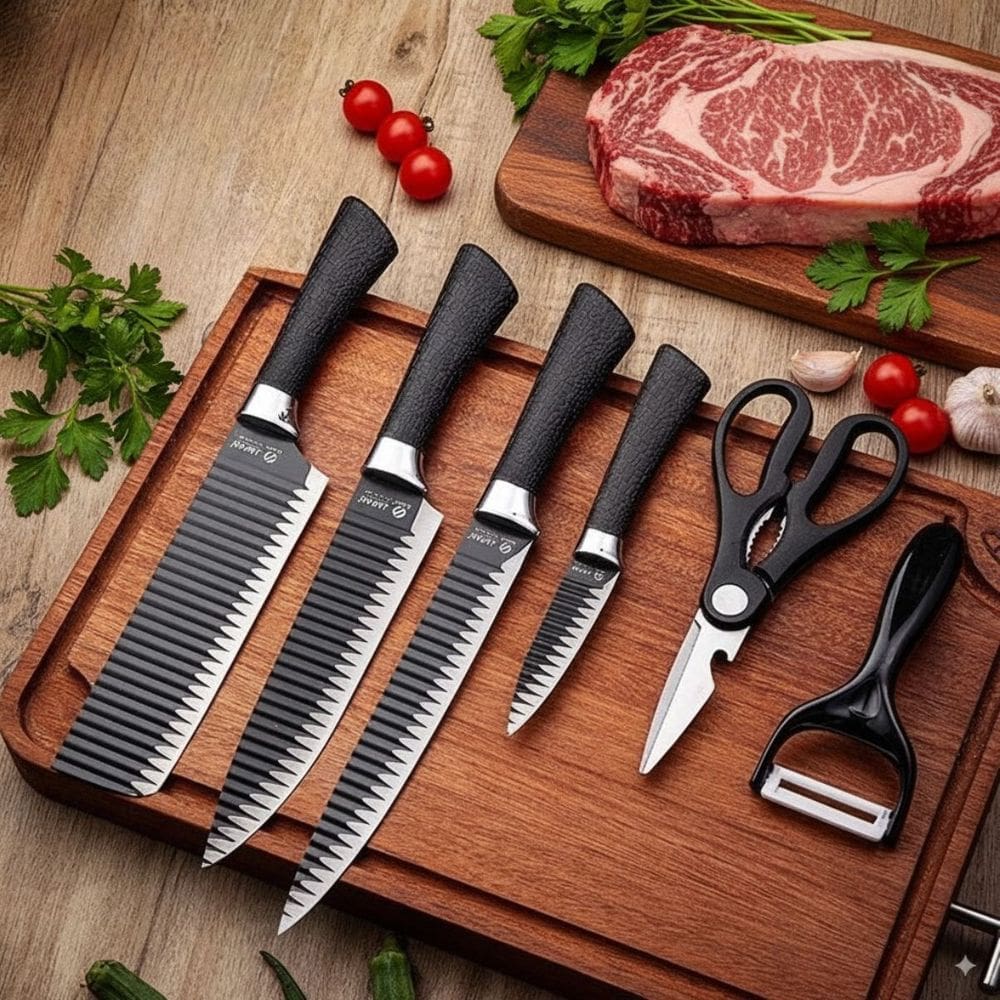 Jogo de Faca 6 Peças Antiaderente Aço Carbono – Kit Profissional para Cozinha e Churrasco com Tesoura