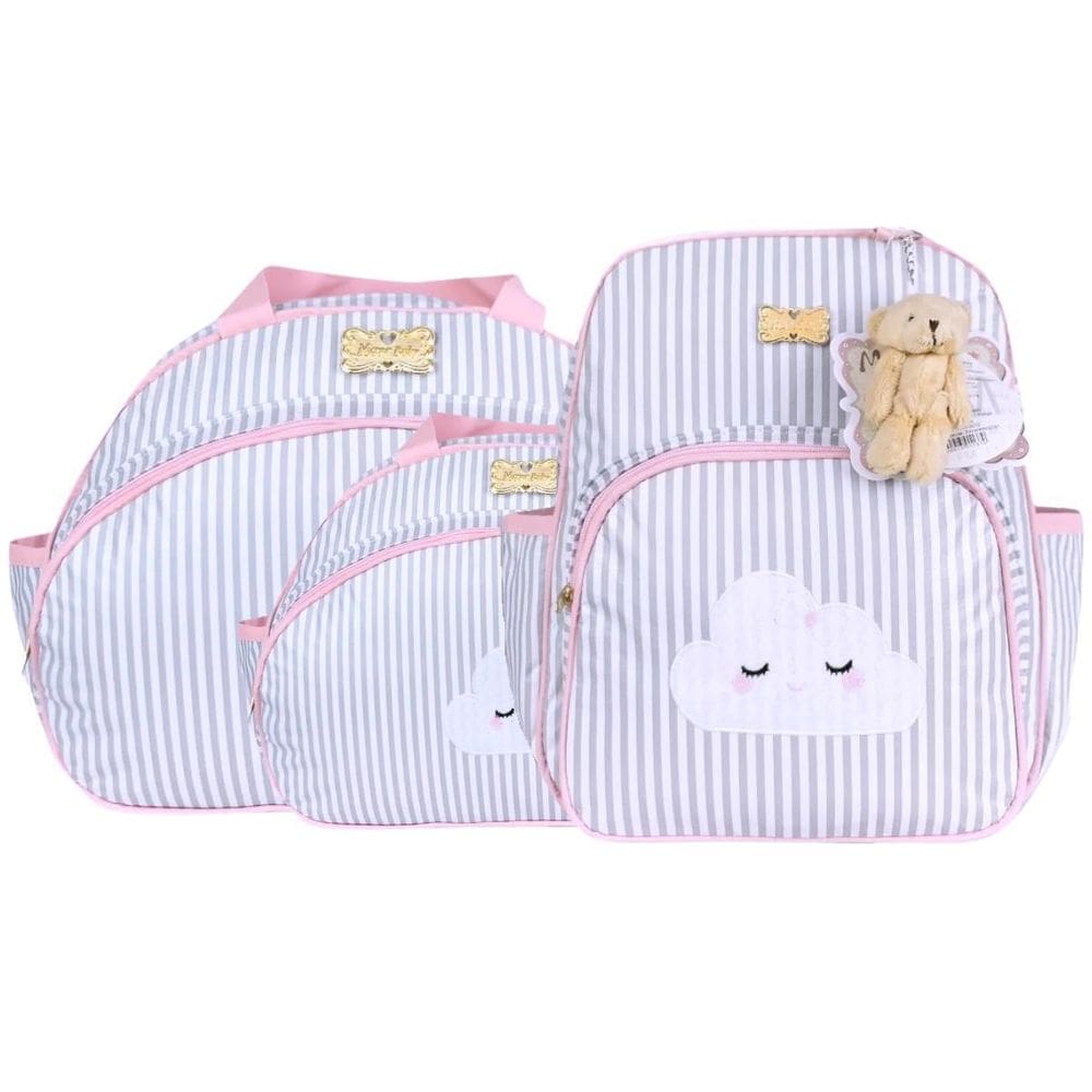 Kit Bolsas E Mochila Listrada Bebê Mave Baby Cinza E Rosa