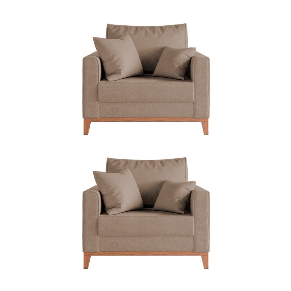 Kit 2 Poltronas Beny para Recepção com 2 Almofadas Veludo Bege Base em Madeira Maciça