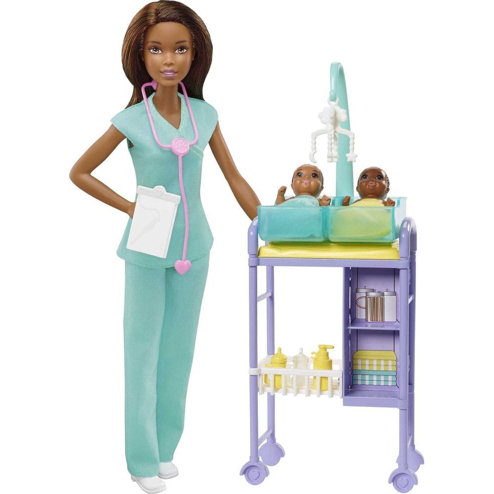 Conjunto de brinquedos Barbie Careers Baby Doctor com boneca morena da moda