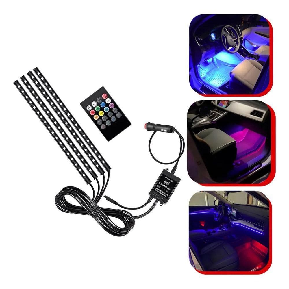 2X Iluminação Interior Neon Carro 12 Led Rgb Controle 12V Ri