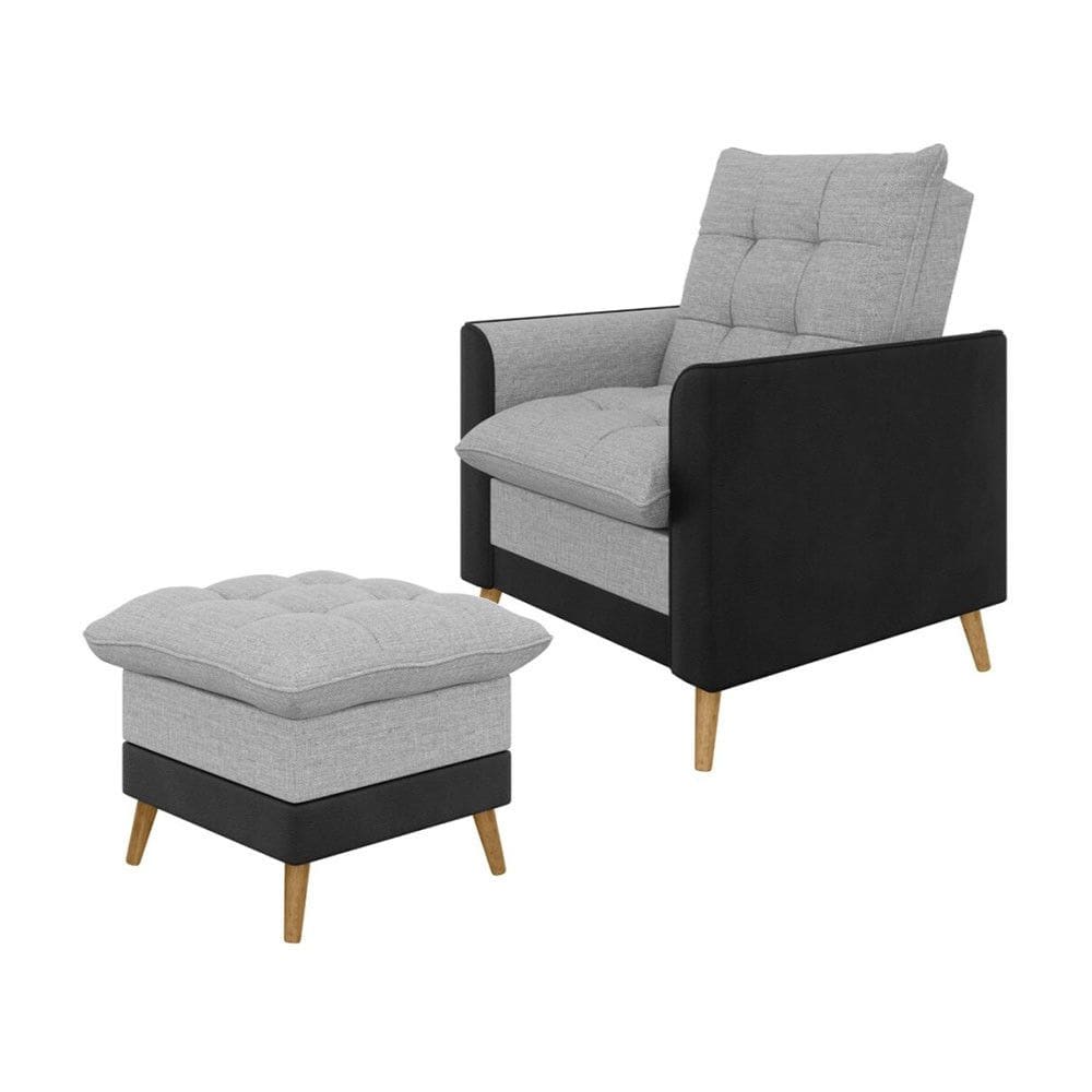 Poltrona York c/ Puff em Linho com Detalhes Courino e Fibras de Silicone Just Time