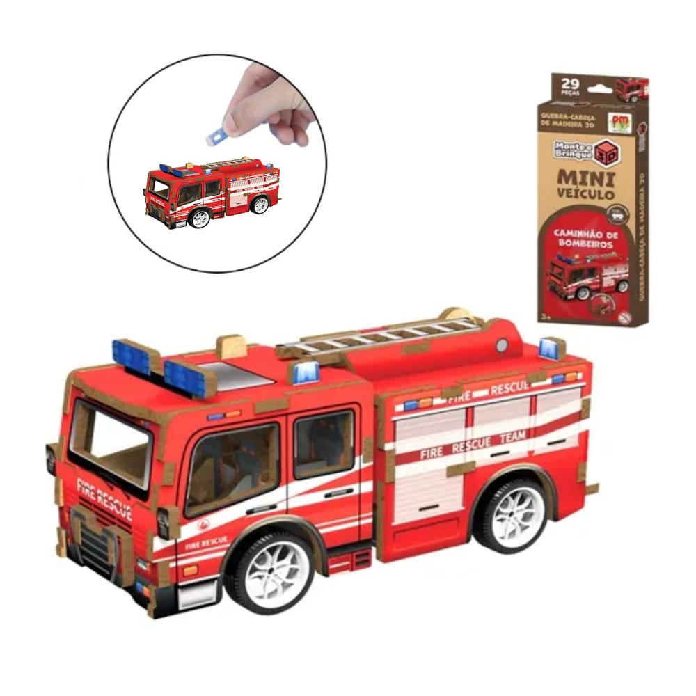 Brinquedo Quebra Cabeça Madeira 3D Carro Bombeiro Fricção