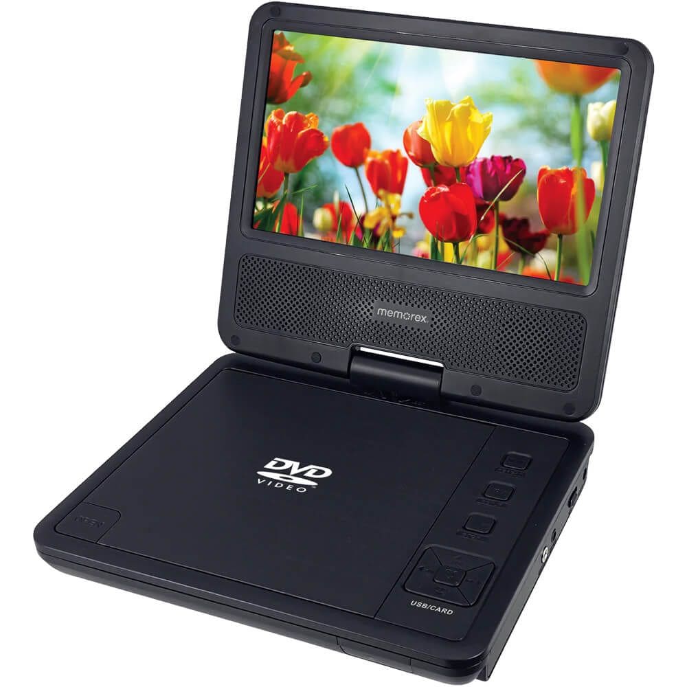 Leitor de DVD portátil Memorex com tela giratória de 7 polegadas USB/SD