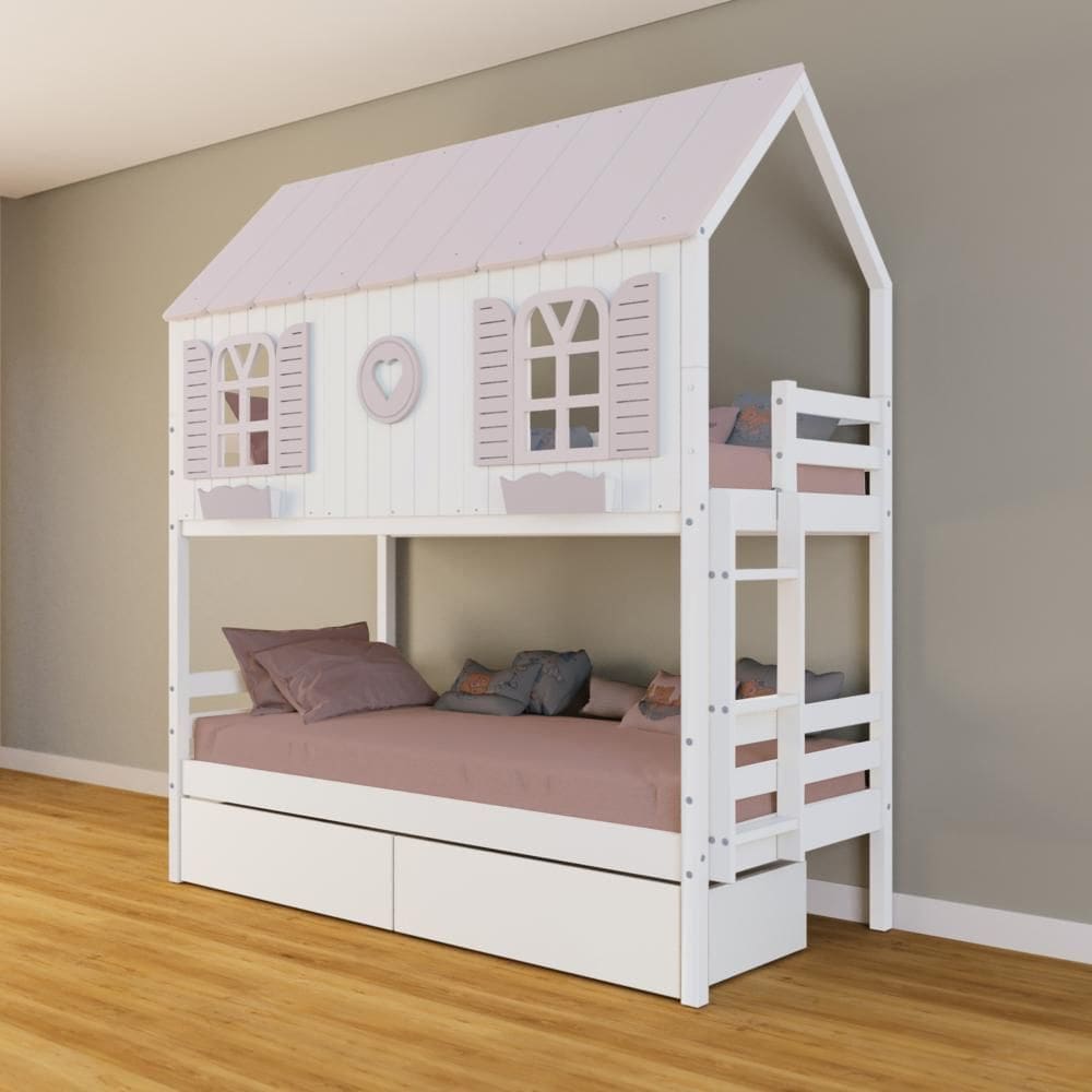 Beliche Casinha Bela com Coração 2 Gavetas - Madeira Maciça Branco/Rosa | Housin